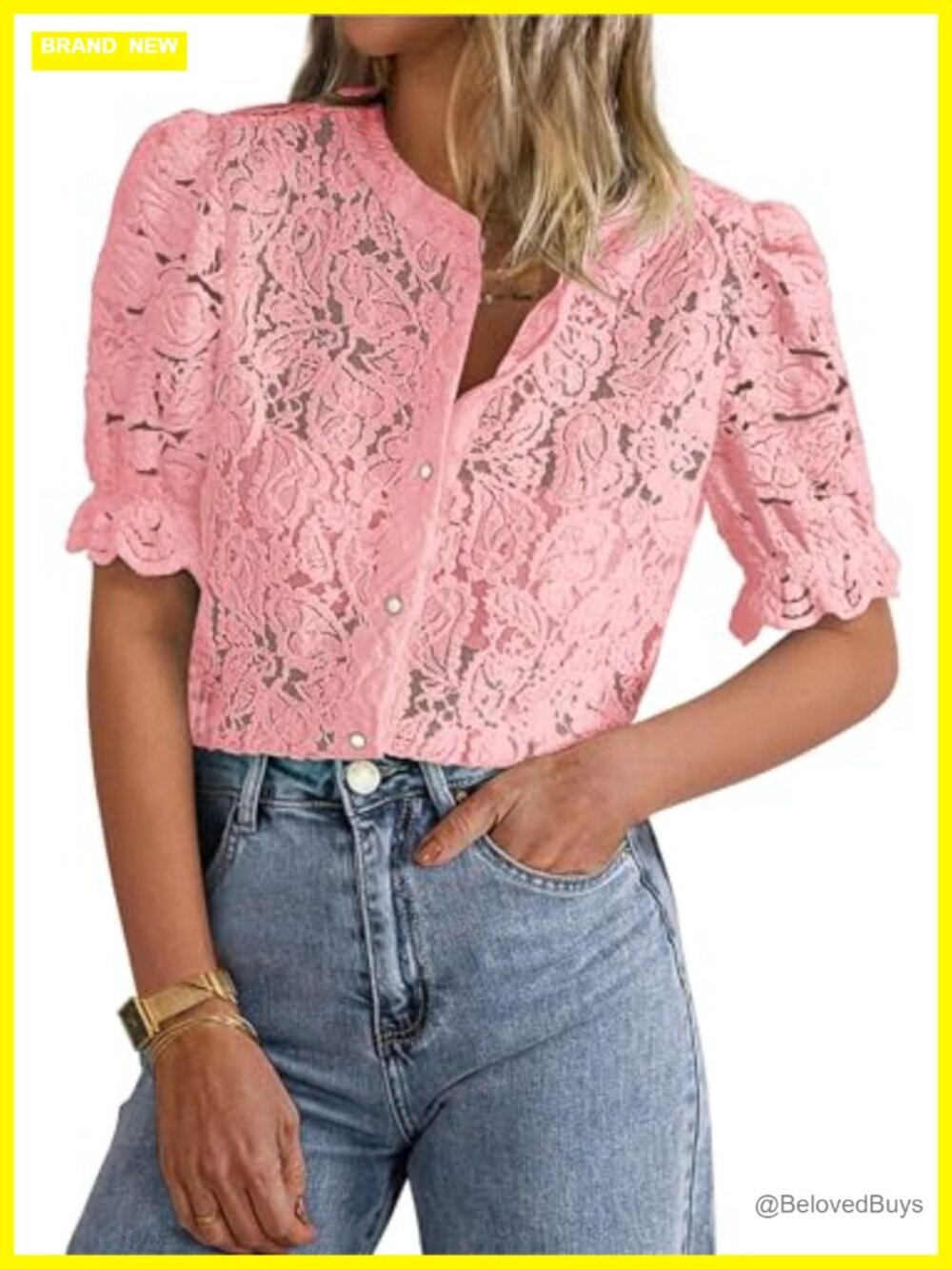 Womens Lace Button Down Blouse Puff Short Sleeve Sheer Eyelet Top